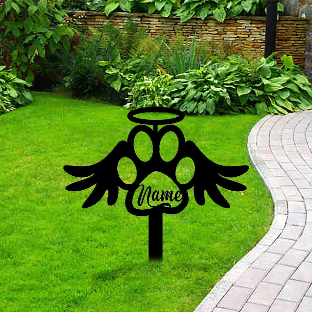Metal Memorial Garden Stake for Dog Cat Grave Marker, Angel Wings Pet Remembrance Yard Decor, Outdoor Cemetery Cross