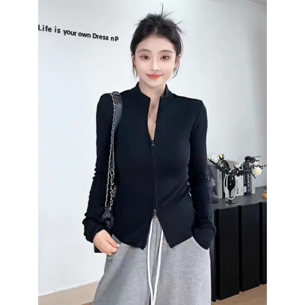 Hong Kong Style Double Zipper Stand-Up Collar Short Jacket: Women's Slim Fit Sweet & Spicy Long Sleeve Base Shirt
