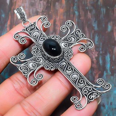 Spectacular Cross Black Onyx Gemstone Handmade 925 Sterling Silver Jewelry Pendant