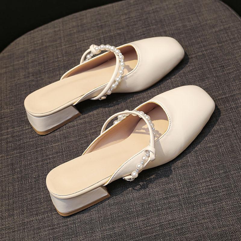 2025 Spring and Summer New French Bag Head Half Slippers Women's Outer Wear Square Head High Heels Thick Heel Gentle with Skirt Explosion