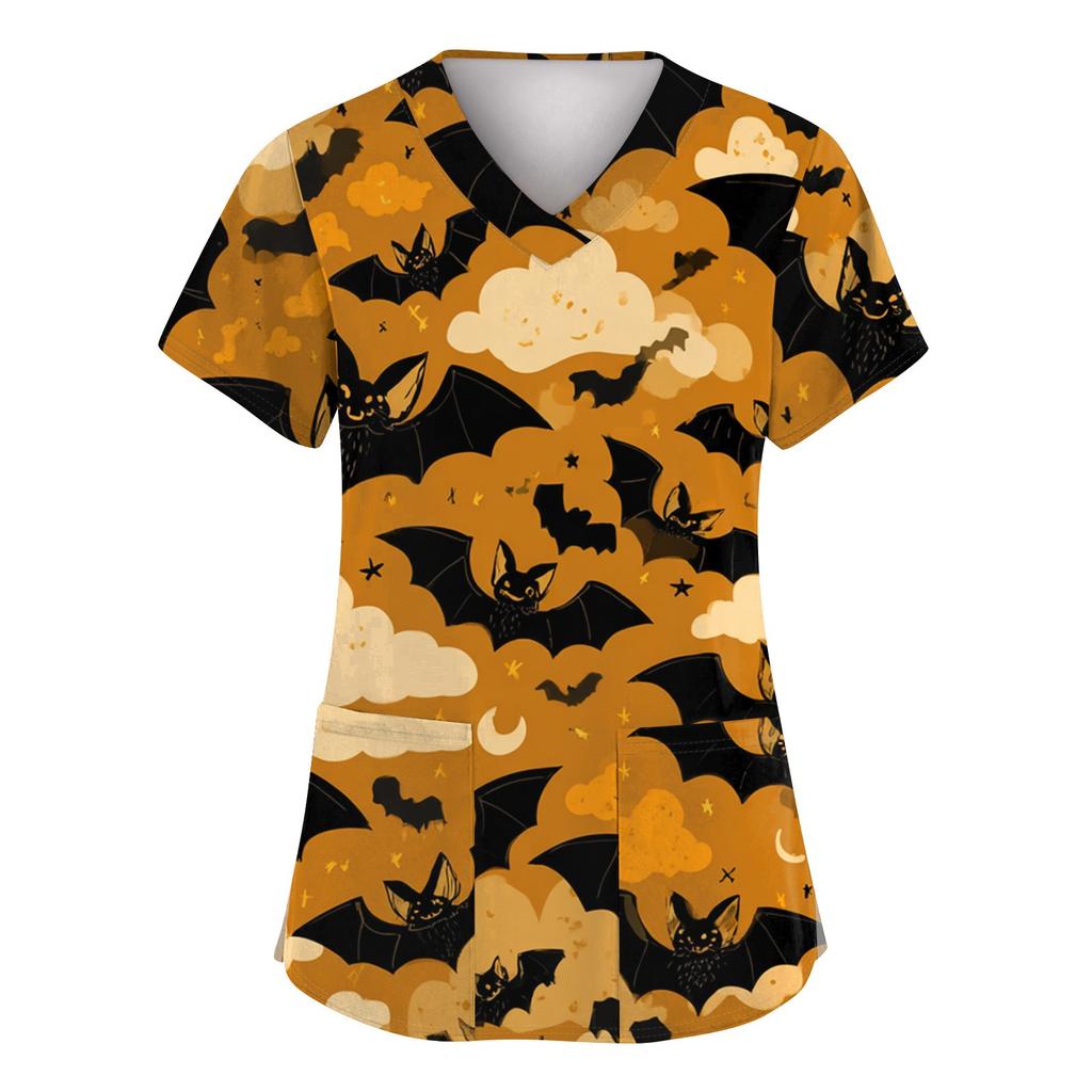 Women's Fashion Short Sleeve Halloween Printed V-Neck Pocket Workwear Tops