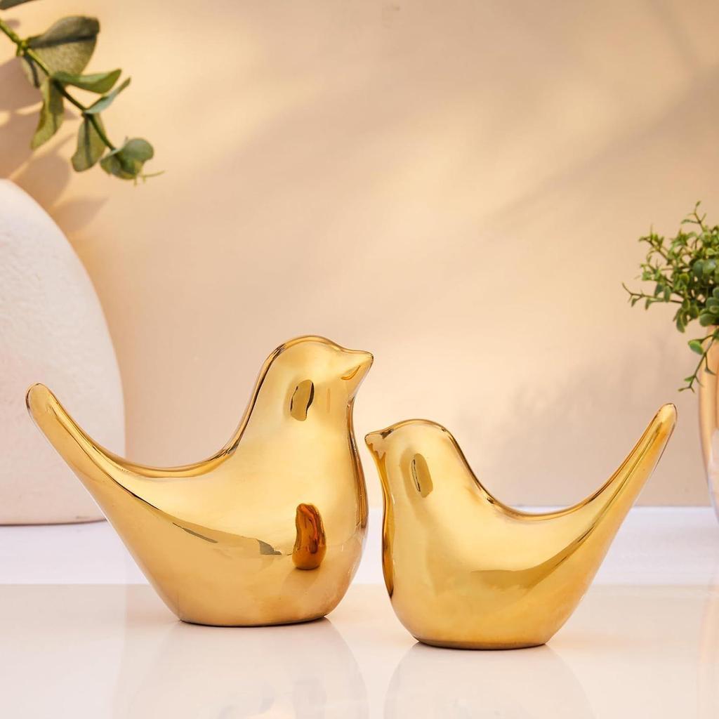 Eramic Golden Bird Figurine Set with Non-Slip Base, Decorative Bird Statues for Tabletop Shelf