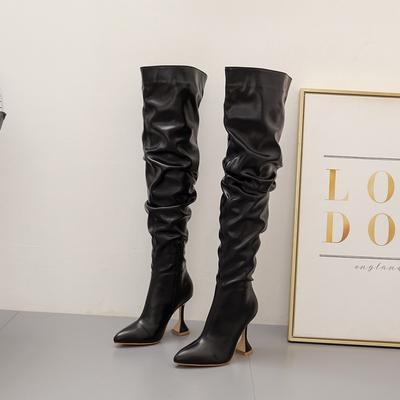 Winter Damen 10cm Stiletto Spitz Plissierte Lederstiefel Schwarz Weiß Absatz Overknee-Stiefel Seitenreißverschluss Damenschuhe 35-42
