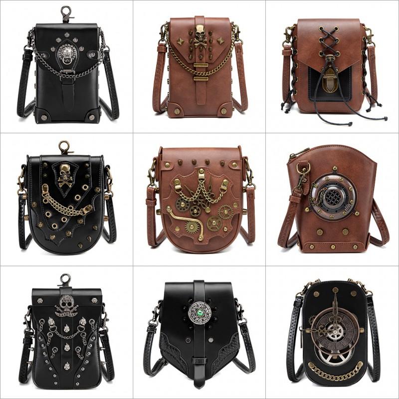 Steampunk Vintage Mini Square Crossbody Bag Women PU Leather Rivet Chain Detail Zip Phone Pocket