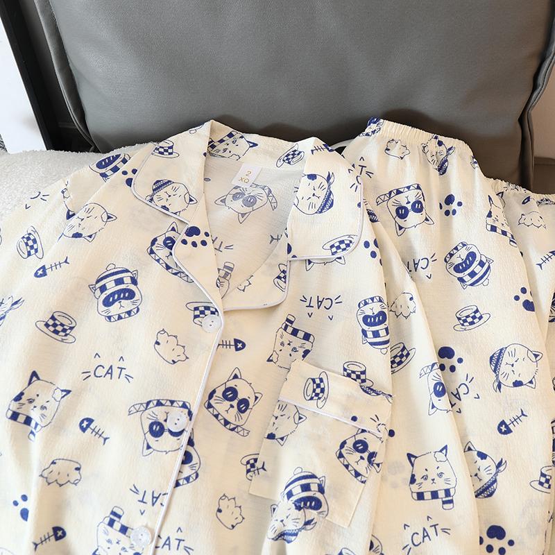 Autumn New Blue Cute Cat Two Piece Pajamas Set Korean Casual Cartoon Kawaii Sleepwear Women's Cotton V-neck Fashion Homewear