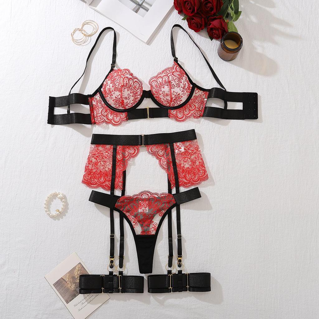 European & American Embroidered Lace High-Quality Erotic Lingerie: Sexy See-through Metal Buckle Body Shaping Front-Opening Set