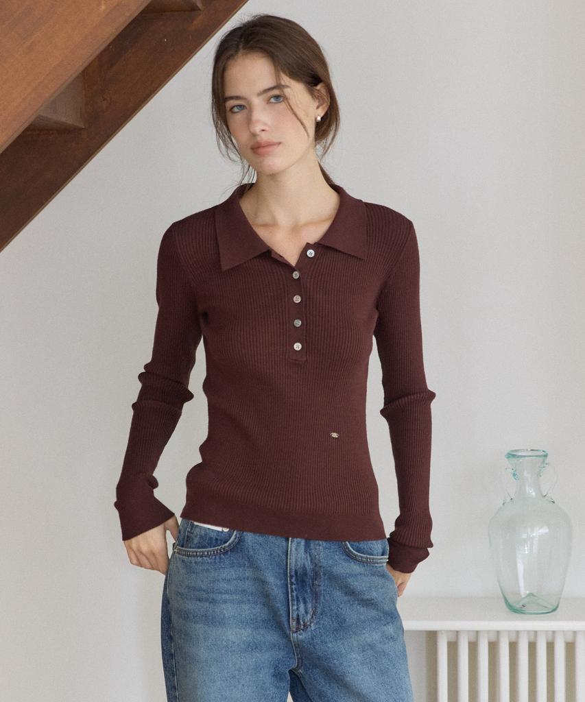 OURHOPE Washable Ribbed Collar Knit - Brown