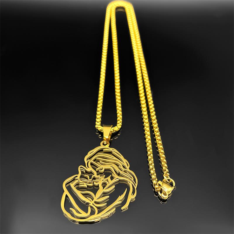 Women Hug Cat Pendant Necklace For Men Stainless Steel Gold Silver Color Hollow Kitty Female Love Pet Peace Chain Jewelry