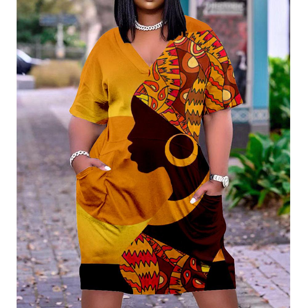 2026 digital printing cross-border temperament commuter skirt pullover V-neck dress