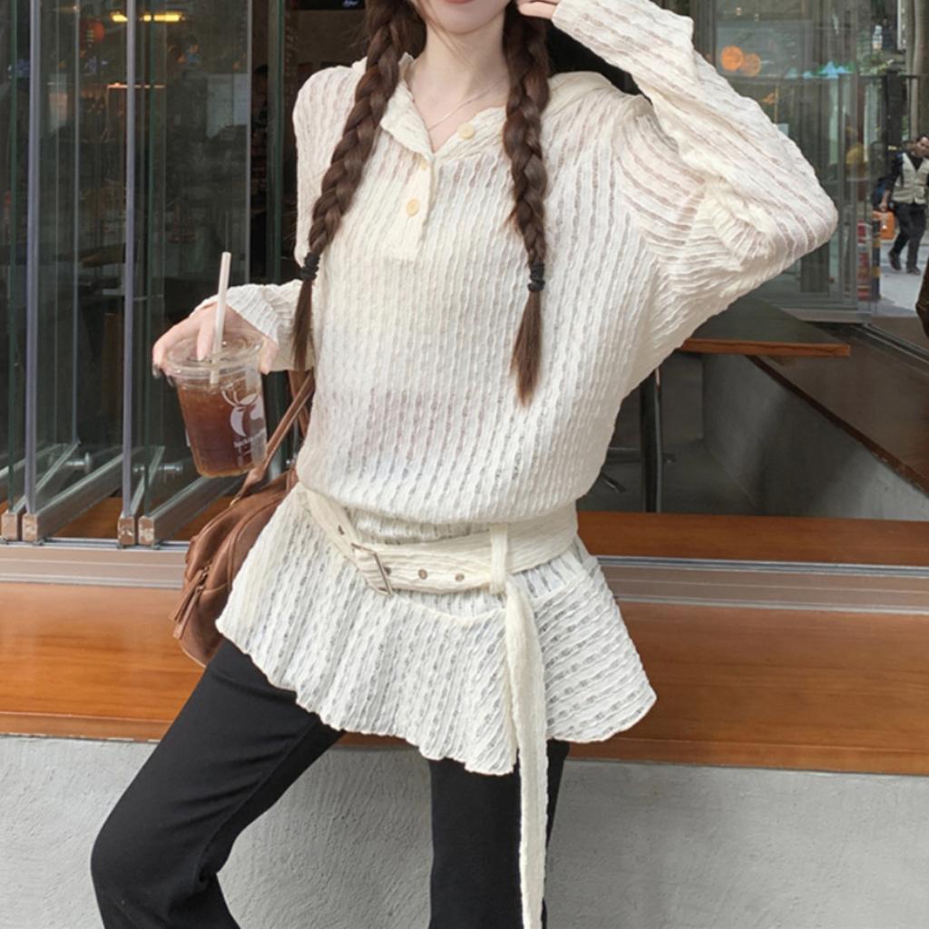 Koreanischer Stil Hohlspitzen-Rüschen-Langarmkleid für Damen, neues Frühjahrs- und Herbst-Nischen-Halbdurchsichtiges Design Kapuzenpullover-Kleid