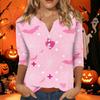 Women's Casual Halloween Print V-Neck Short Sleeve T-Shirt with Decorative Buttons