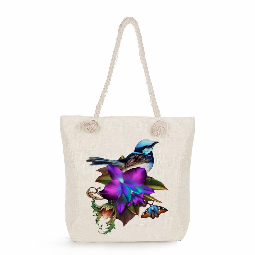 Bird print thick rope single-shoulder beach bag 7251 CLE