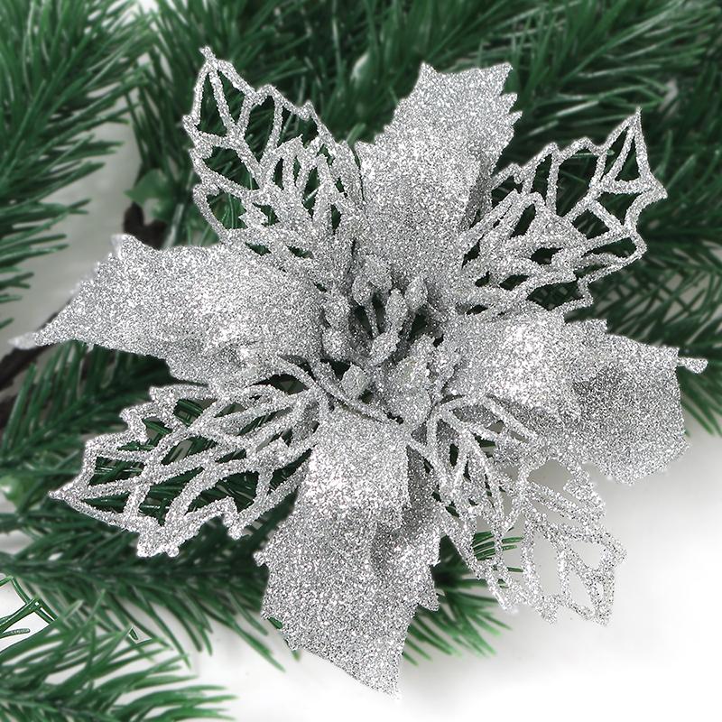 11CM 5Pcs Glitter Artifical Christmas Flowers With Clips Christmas Tree Wreath Decoration Xmas Ornaments Home New Year 2026