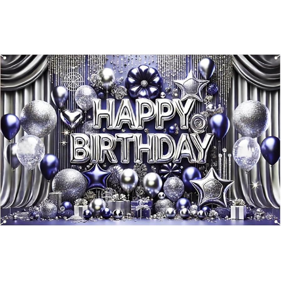 Nuxovilar Happy Birthday Banner Blue Gold Balloons String Lights Polyester Backdrop 43x70.86 Inches - Large Party Birthday Decorations for Photo