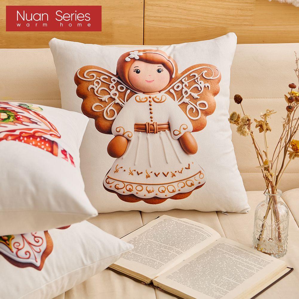 1PC Nuan Series Christmas Pillowcase Gingerbread Santa Claus Pattern Printed Soft Cushion Cover for Sofa Living Room Bedroom Home Decor Party Decor