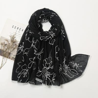 Plain Embroider Lace Floral Viscose Shawl Scarf Lady High Quality Stitch Hijabs And Wraps Pashmina Stole Foulards Muslim Sjaal
