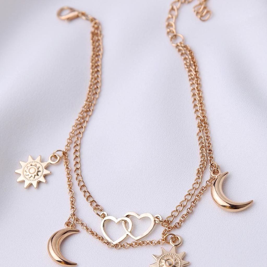European and American style double-layer love sun moon anklet women's beach vacation alloy foot jewelry hot-selling models