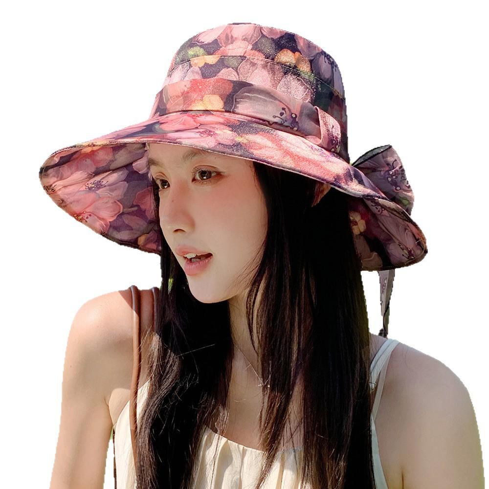 Summer Wide Brimmed Sun Hat Outdoor Sun Protection Fisherman Hat Printed Lace Up Sun Hat