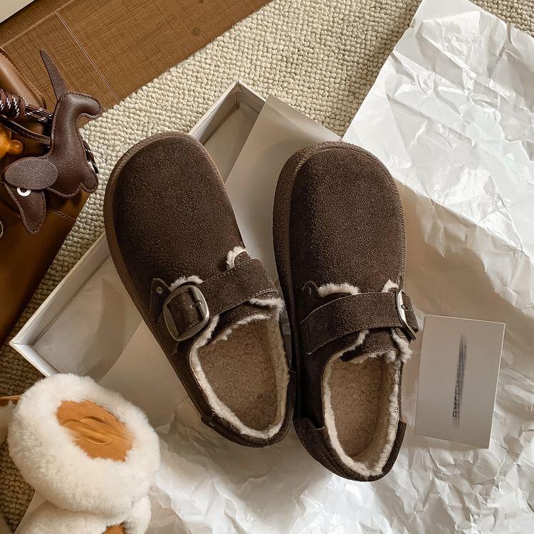 Fashion New Winter Cow Suede Women Pumps Shoes for Women Fashion Buckle Round Toe Warm Loafers Platform Shoes Zaptos Mujer Brown Shoes
