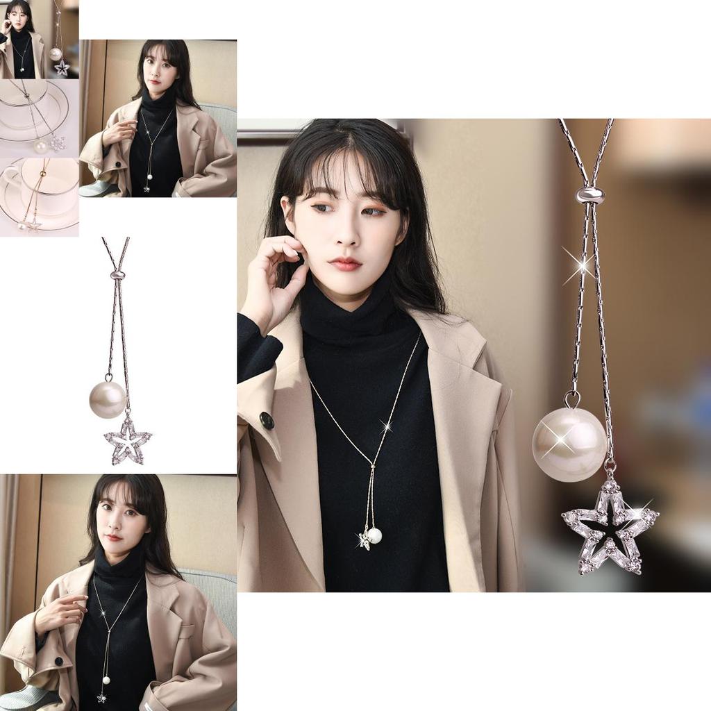 Fashionable Long Chain Star Shaped Pendant Necklace With Pearls Sparkling Design
