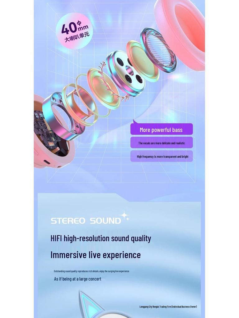 Luminous Wireless Cat Ear Bluetooth Headphones, Over-Ear Sports & Gaming with Heavy Bass, Compatible with Mobile Phones & Computers (2025 Model)