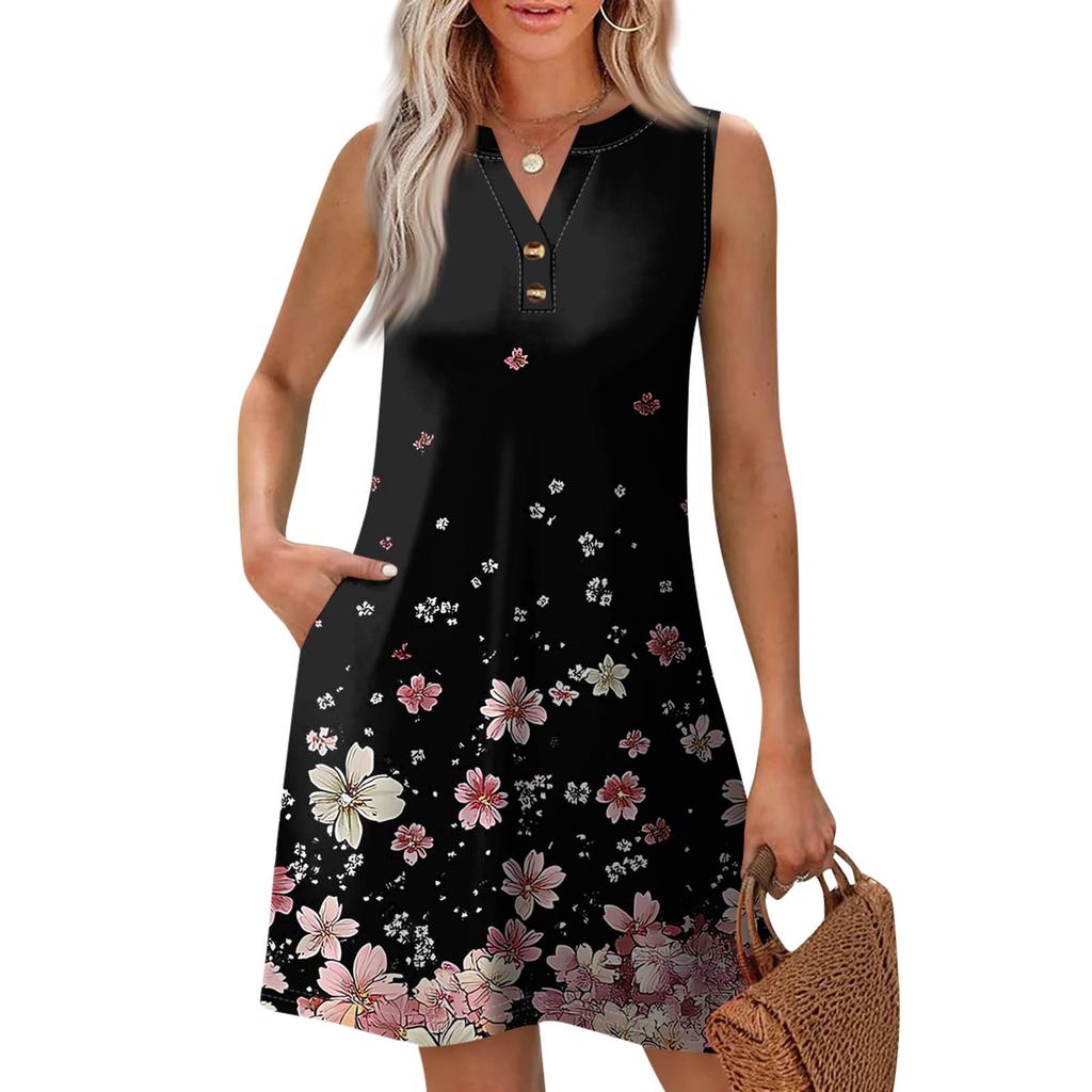 Dámská móda Ležérní potištěné V-neck knoflíky s kapsou Vesta Bez rukávů Šaty