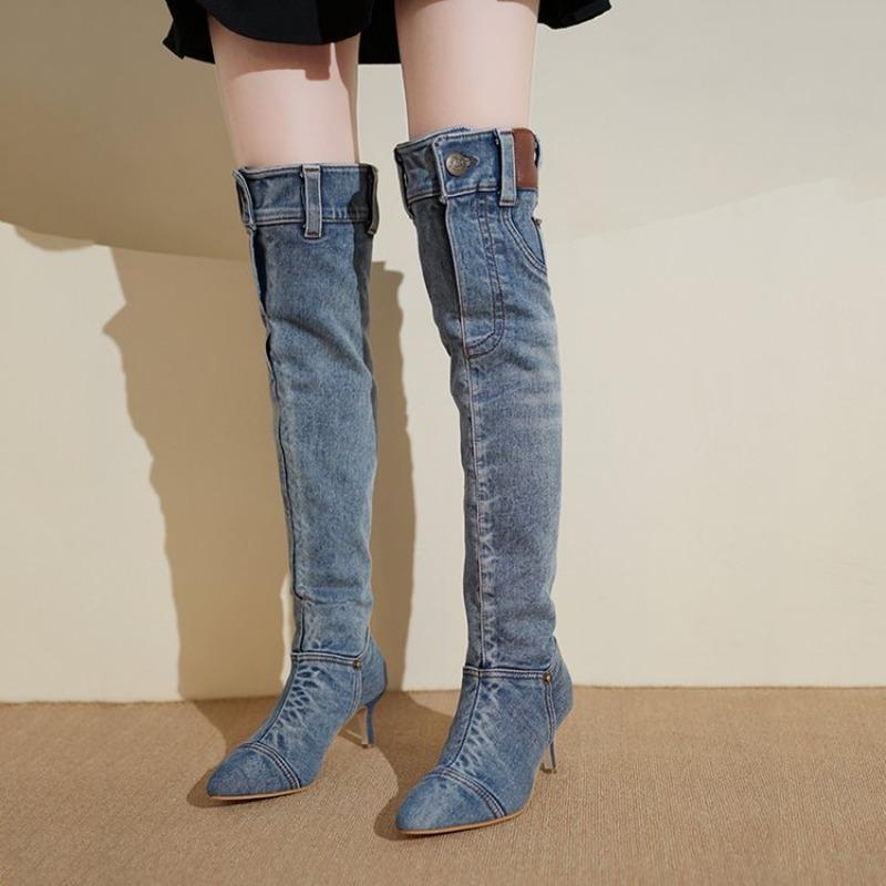 Women's Boots Fashion with Buttons Knee Boots Retro Hot Girl Blue Denim Long Boots Thin Heels Pointed Toe Pleated Women Shoes