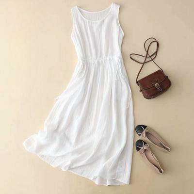 Summer Lightweight Tank Dress Exquisite Niche Sleeveless Ramie Dress Waist-cinching Drawstring Slimming Women's Dress