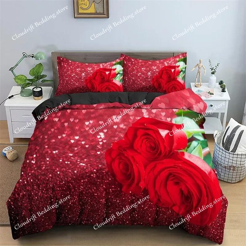 Floral Duvet Cover Set Full Size 3D Red Rose Bedding Set Microfiber Romantic Flowers Quilt Cover Wedding Valentine's Day Decor