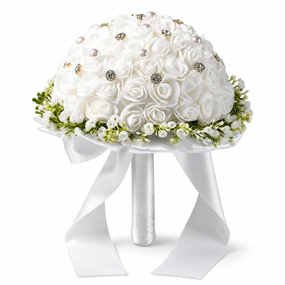 Rhinestone Accents Artificial Bridal Bouquet White Rose Bridal Flower Bouquet Wedding Photography Style 1