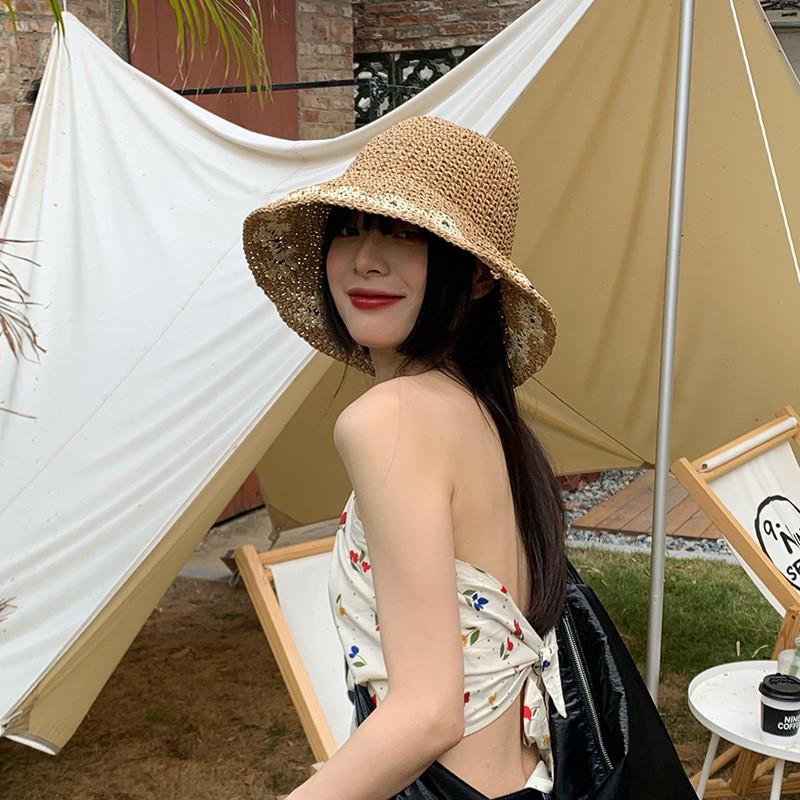 Fashionable Round Top Straw Hat For Women Sunshade Uv Protection Beach Hat