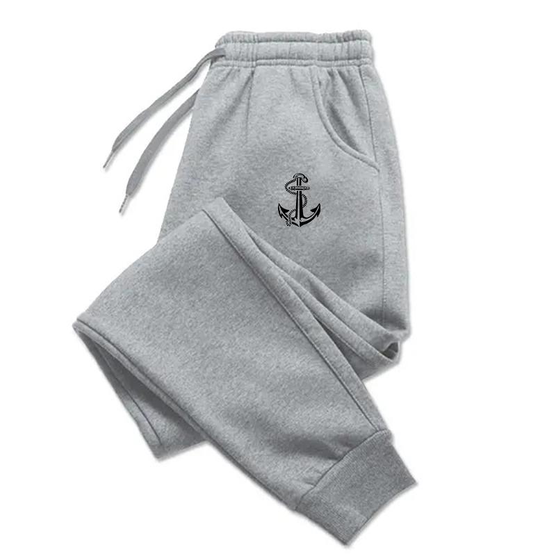 Sea‑graph Men Sweatpants Front Solid Leg Decor Print, Retro Nautical Anchor Badge Pattern Joggers for Cozy Weekend Outdoor Activities