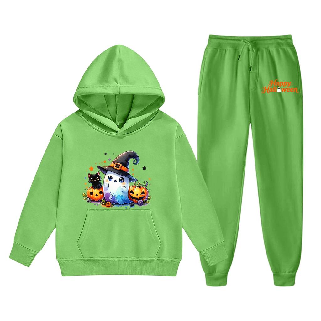 Kids Halloween Hoodie Set Ghost Pumpkin Print Long Sleeve Pullover Sweatshirt with Hood and Matching Pants Comfortable Fit for Boys and Girls