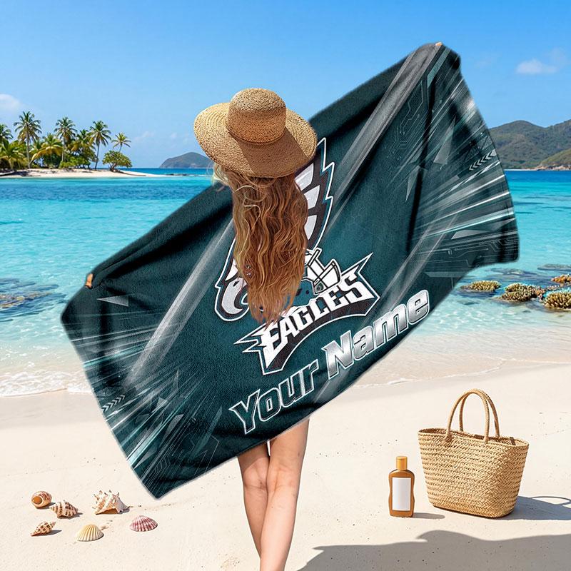 Philadelphia Eagles Customized Name Text Beach Towel, Soft Absorbent Towel Beach Pool Travel Personal Gift
