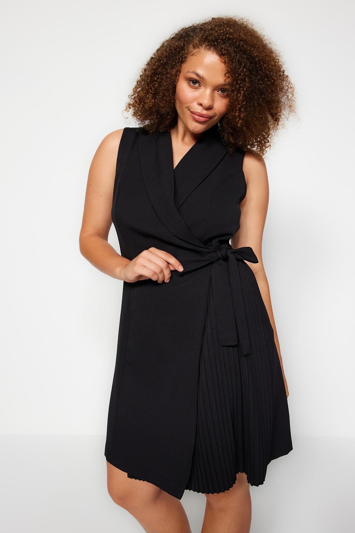 

Women s Fashion New Big Size Dress Black Plain Double Breasted Woven Dress