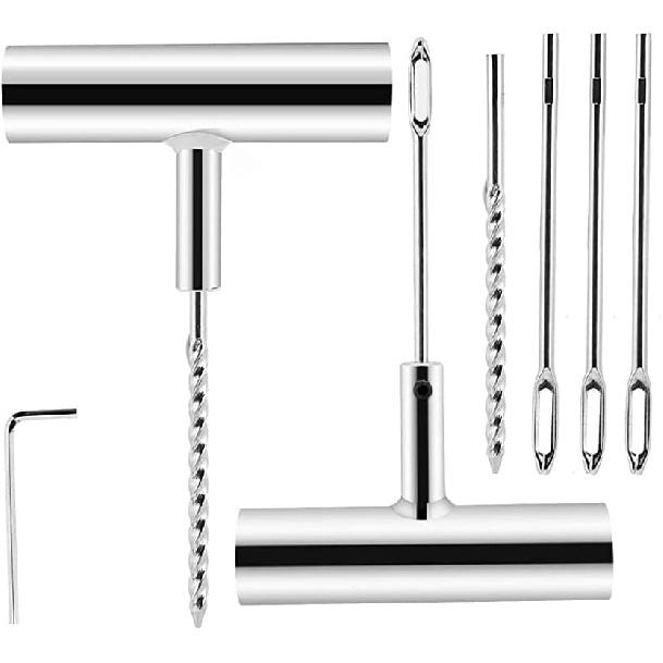Ремонтный набор для шин, Стальной ремонтный набор для шин, Ремонтный набор для шин с инструментами-пробойниками с Т-образной ручкой, 4 запасных инструмента-пробойника и 1 шестигранный ключ L-образный