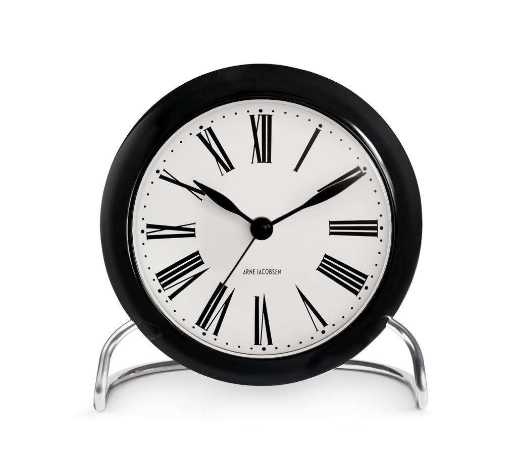 ARNE JACOBSEN Table Clock Alarm Clock 11cm Scandinavian Design Retro Alarm Sound ROMAN 43671 Black (Silent Design)
