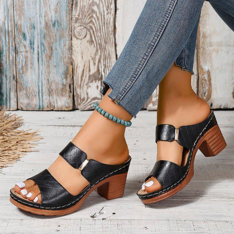 2024 Summer Women's Chunky Heel Peep-Toe High-Heeled Sandals - Large Size, Trendy European & American Style