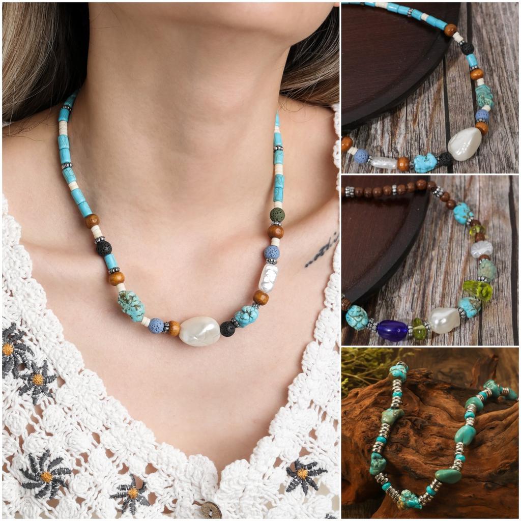 BLINGBAY Kadın Boncuklu Kolye Bohem Retro Etnik Turkuaz El Yapımı Boncuklu Ahşap Boncuklar Düzensiz Kolye Kız Doğum Günü Hediyesi