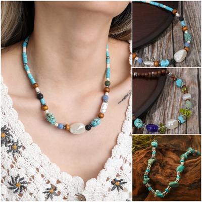 BLINGBAY Kadın Boncuklu Kolye Bohem Retro Etnik Turkuaz El Yapımı Boncuklu Ahşap Boncuklar Düzensiz Kolye Kız Doğum Günü Hediyesi