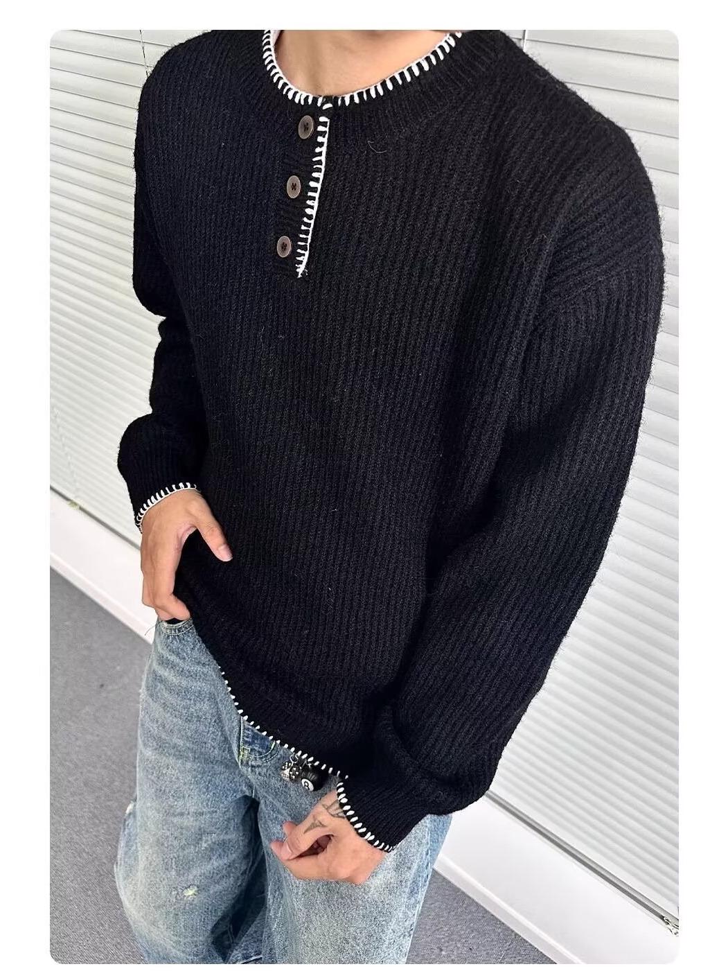 

2025 Men s Casual Solid Henley Neck Knit Pullover - Trendy and Versatile Design 2XL чорний