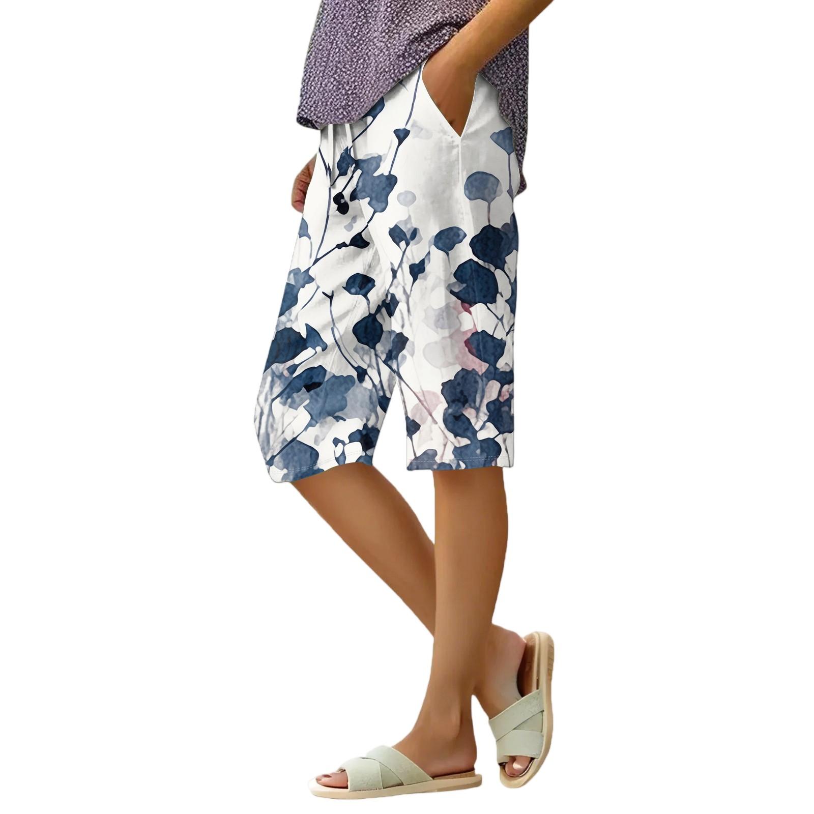 

Women s Summer Gradient Floral Polka Dot Print Knee-Length Lightweight Elastic Waist Casual Pocket Shorts L синій