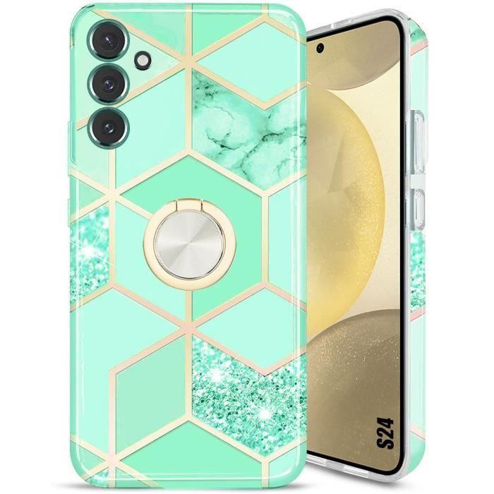 Coque - samsung - galaxy s24 - turquoise - souple - anneau rotatif 360°