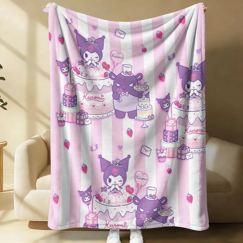 Kuromi Pink & White Stripe Flannel Blanket Soft Warm Throw Japanese Anime Camping Office Bedroom School Nap Blanket Summer Quilt