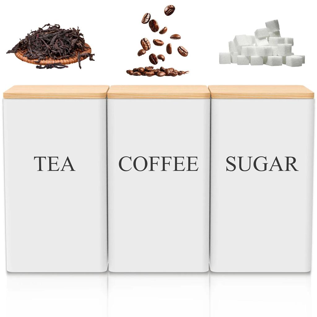 Sugar Coffee Tea Storage Jar With Bamboo Lid Kitchen Storage Container Set Simple Metal Style Coffee Tea Sugar Container