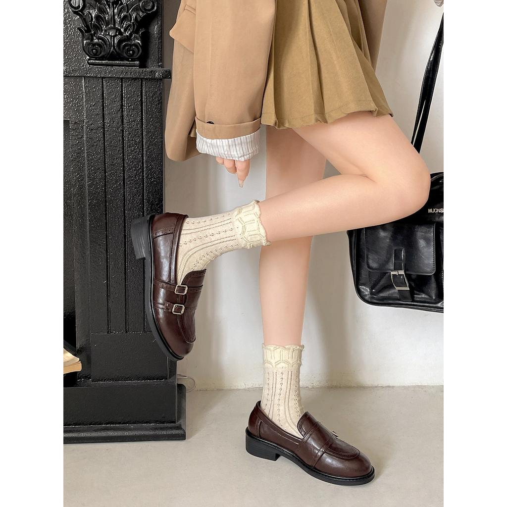 Black British style platform small leather shoes women's retro heightening skirt soft-soled loafers