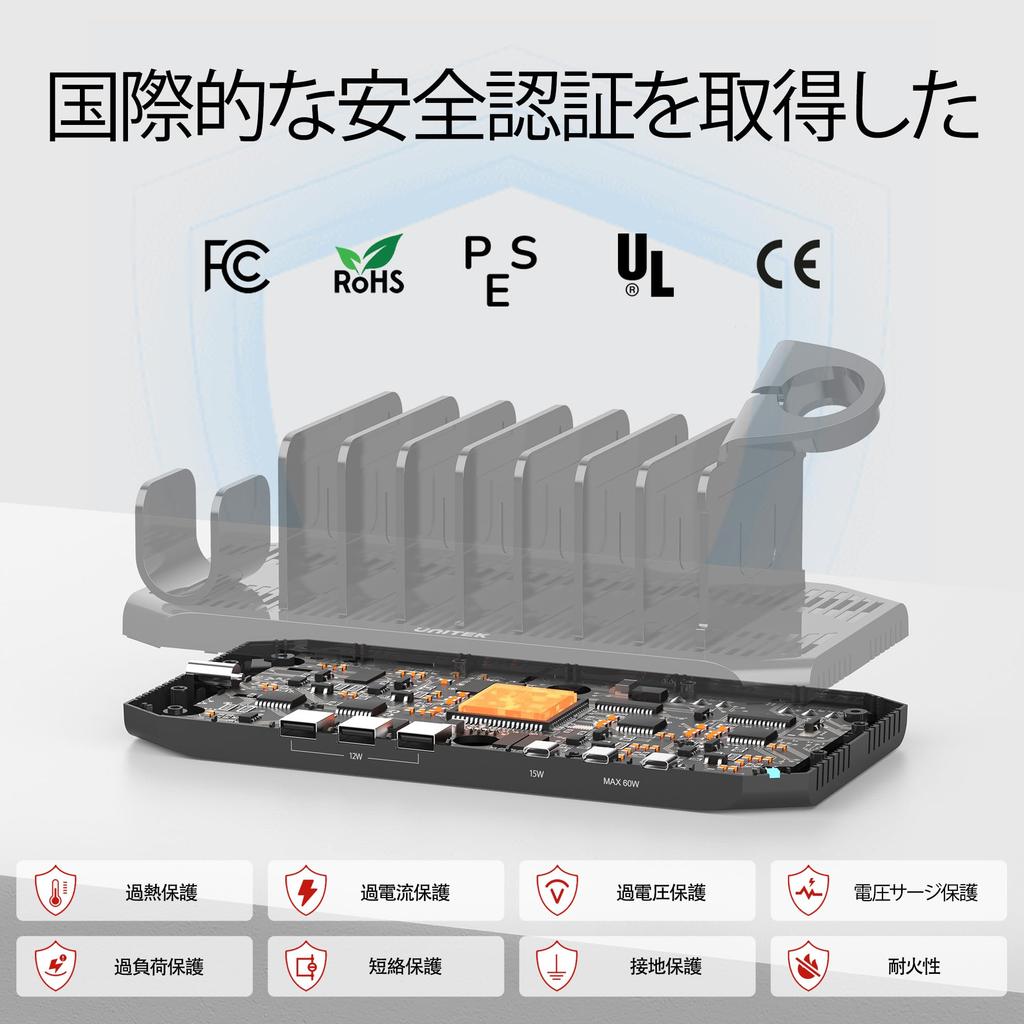 Stație de încărcare USB PD Unitek 2025, 6 porturi, 30W PD2 + 1 USB-C, Suport de încărcare desktop, 96W, Certificat PSE, Încărcare simultană pentru 6 dispozitive,