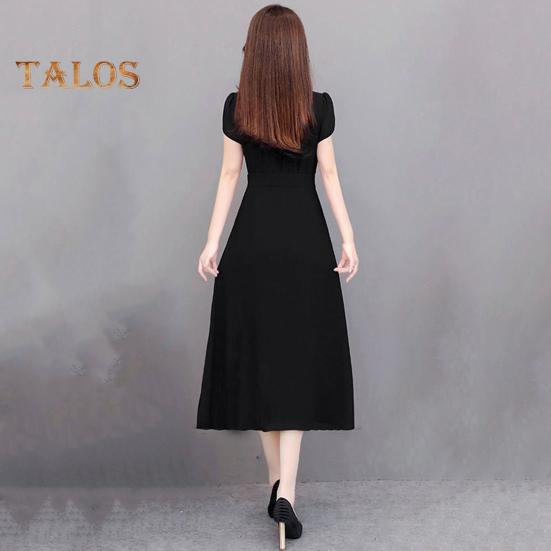 Summer Lady Dress Round Neck A-line Short Sleeves Slim Waist Plus Size Pure Color Slim Fit Mid-calf Length OL Commute Midi Dress
