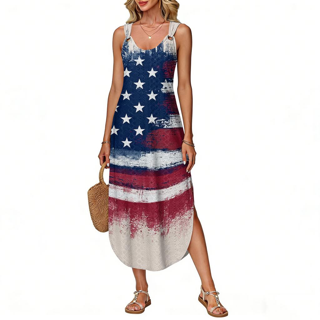 Women's Summer Long Dress Sleeveless Side Slit Long Independence Day Print Vacator Dress