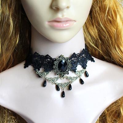 Vintage Gothic Μαύρη Δαντέλα Choker Κολιέ με Extension Chain Faux Crystal Κρεμαστό φούντα Punk Loli στυλ Halloween Κοσμήματα Γυναικεία κορίτσια